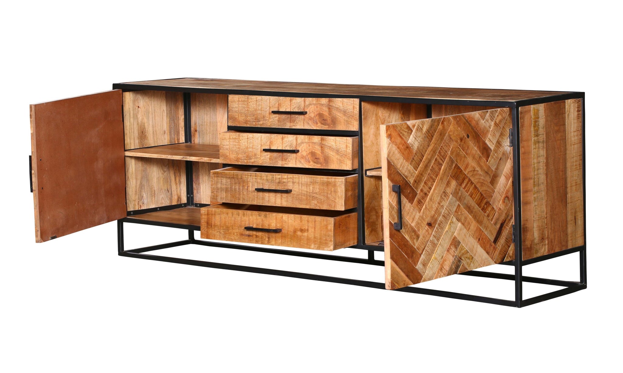 Sideboard Aloy – Kommode aus Mangoholz mit Fischgrät, lackiertem Metallrahmen, 2 Türen & 4 Schubladen, 210 x 45 x 75 c