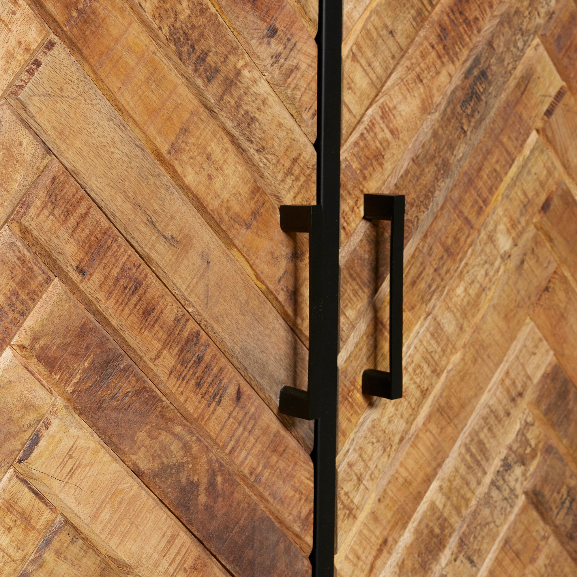 Highboard Aloy – Mangoholz-Kommode mit Fischgrätmuster & Metallgestell, 100×40×115 cm, stilvolles Design