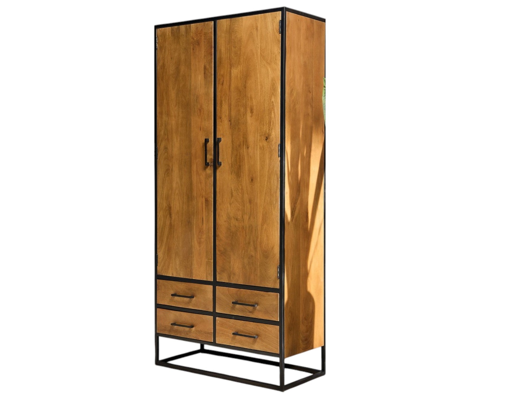 Delta Natur Schrank – Massivholz Mangoholz & Metall Schwarz, 90 x 45 x 200 cm, mit 2 Türen, 4 Schubladen & 3 Regalen