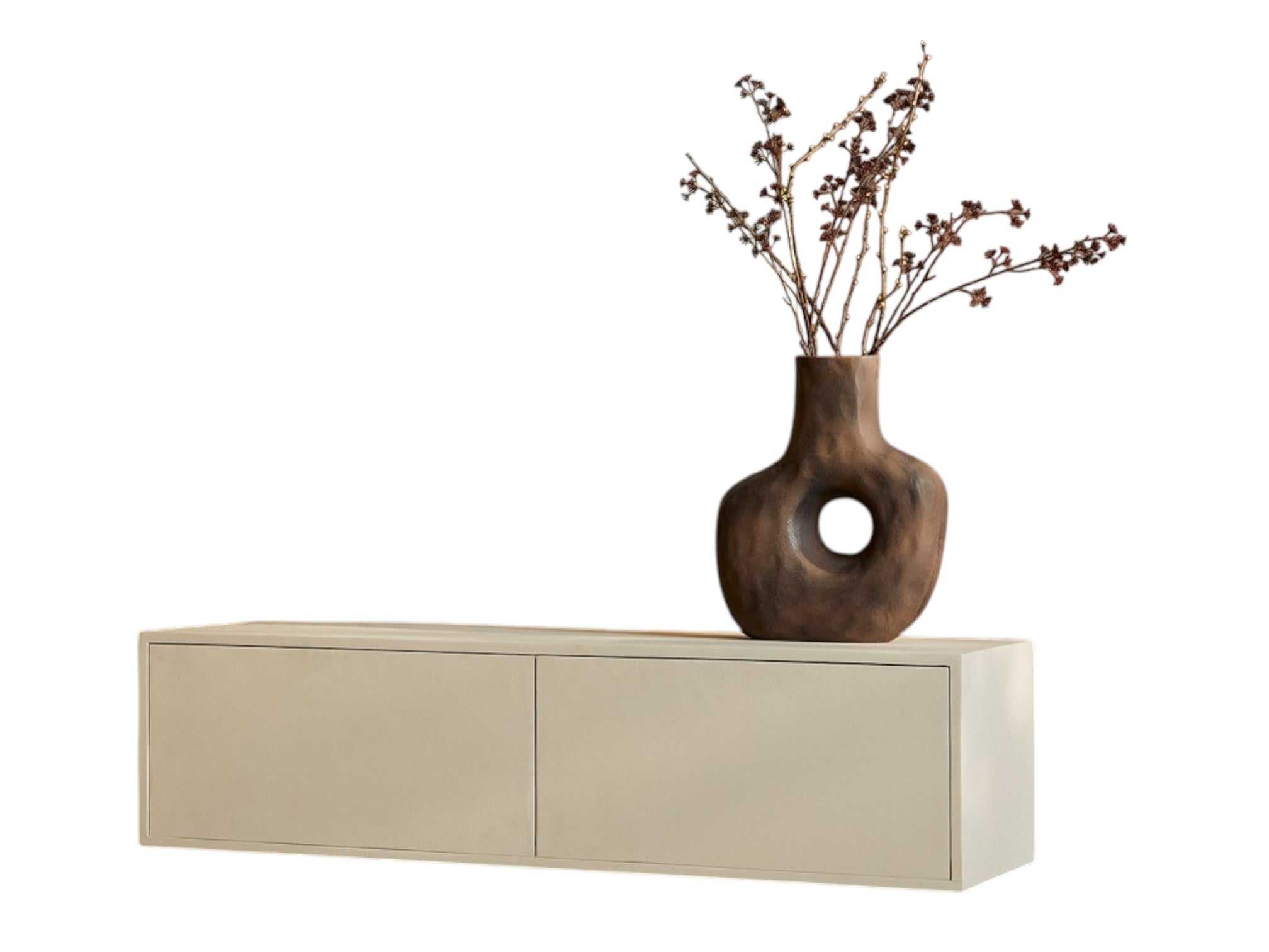 TV-Board Focus Sand – Schwebendes Lowboard aus Mangoholz mit Push-to-Open Türen, 120 x 35 x 30 cm