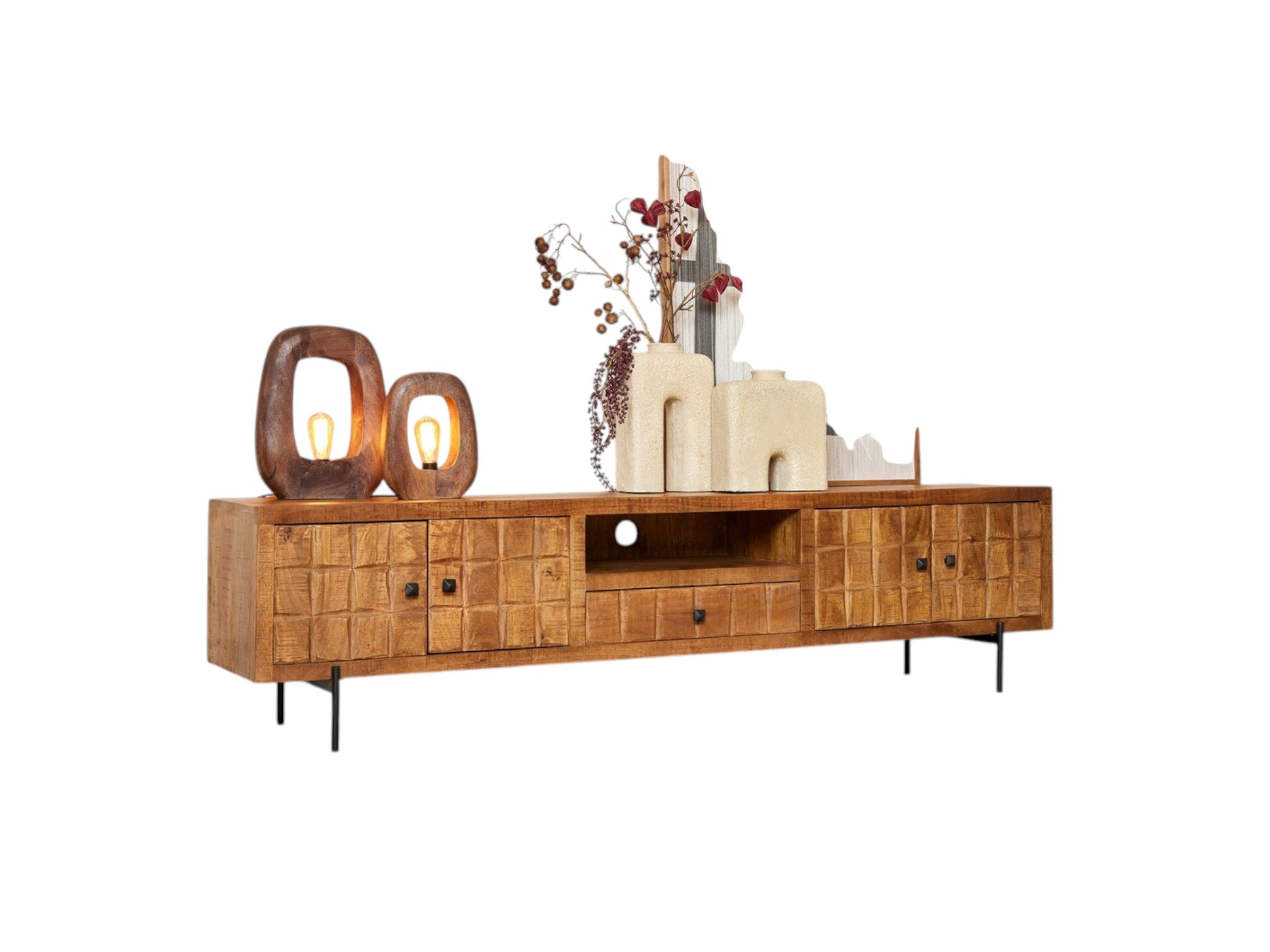 TV Board Jacky Natur 220x40x55 cm – Lowboard aus massivem Mangoholz mit Strukturfront & viel Stauraum