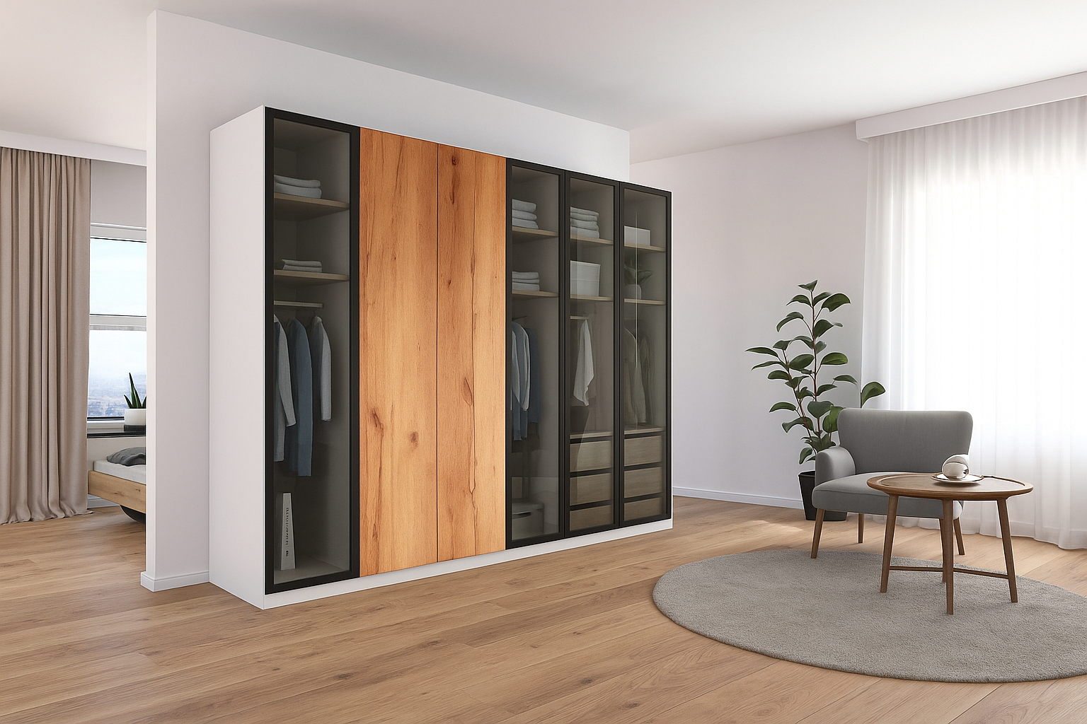 Kleiderschrank Natura 300 cm – Glas & Holz, LED, nachhaltig