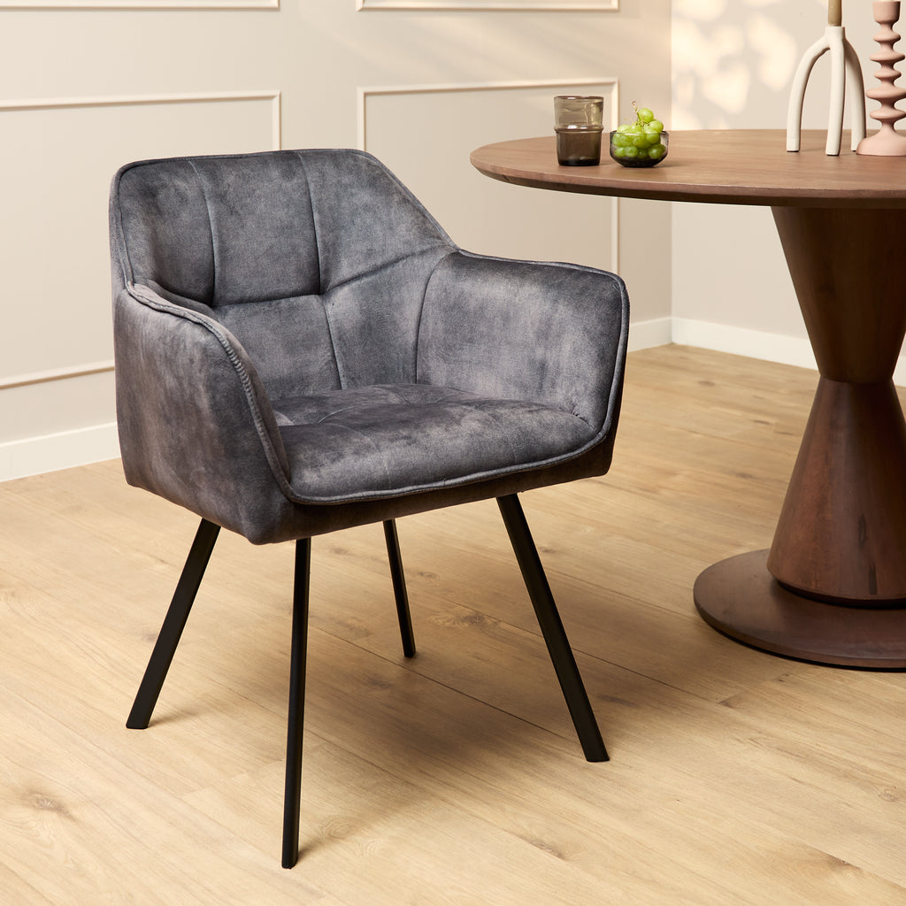 Esszimmerstuhl Martina Dunkelgrau – eleganter Samtstuhl 63×63×79 cm mit Armlehnen & schwarzem Metallgestell