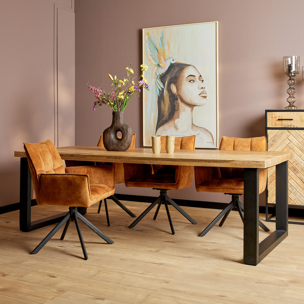 Esstisch Delta Natur – rechteckiger Mangoholz Tisch 200×100×76 cm mit 6 cm Platte & schwarzem U-Metallgestell