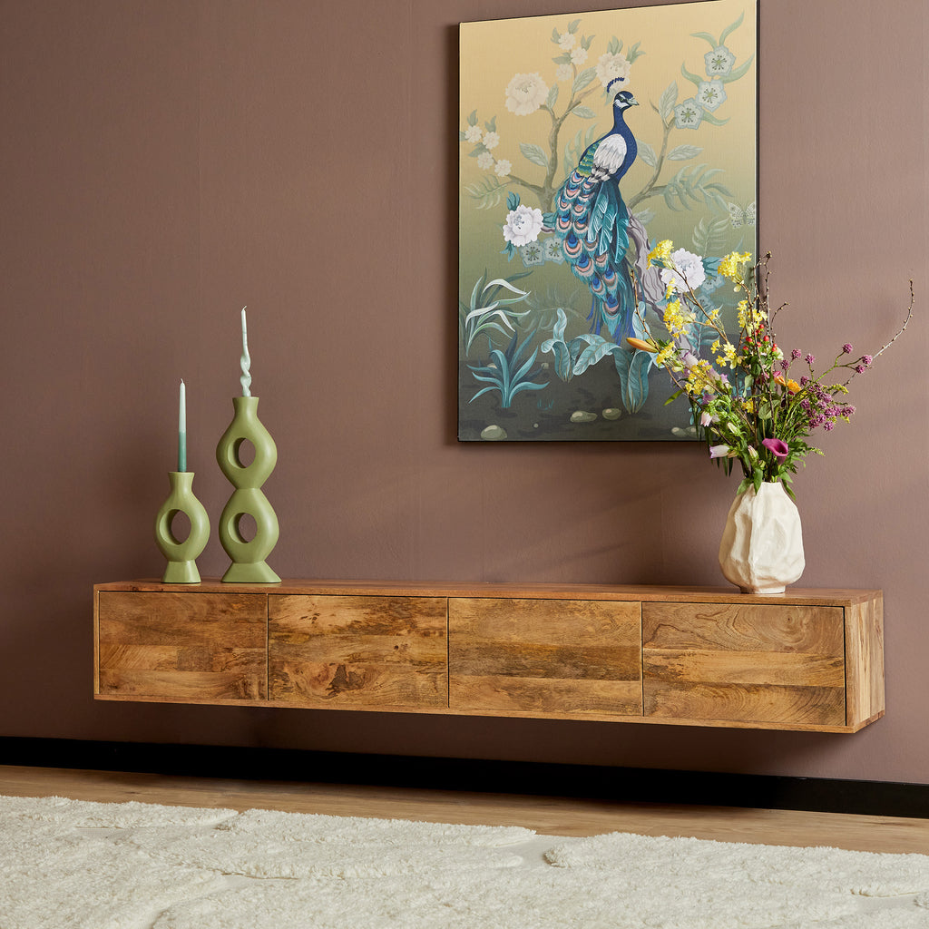 Schwebendes TV-Board Focus – Lowboard aus Mangoholz mit Push-to-Open 200×35×30 cm