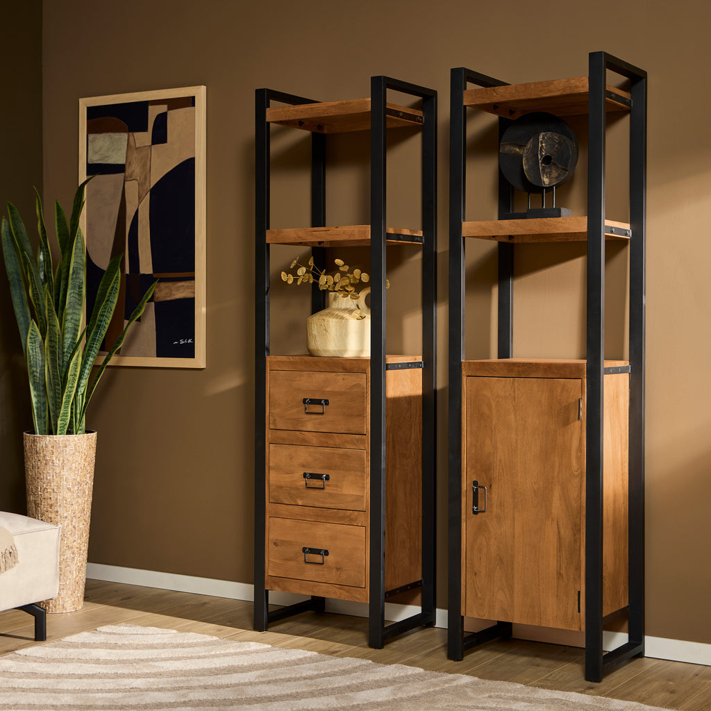 Bücherregal Bori 55x40x200 cm – Massiver Mangoholz Schrank mit Metallrahmen & Tür im modernen Design