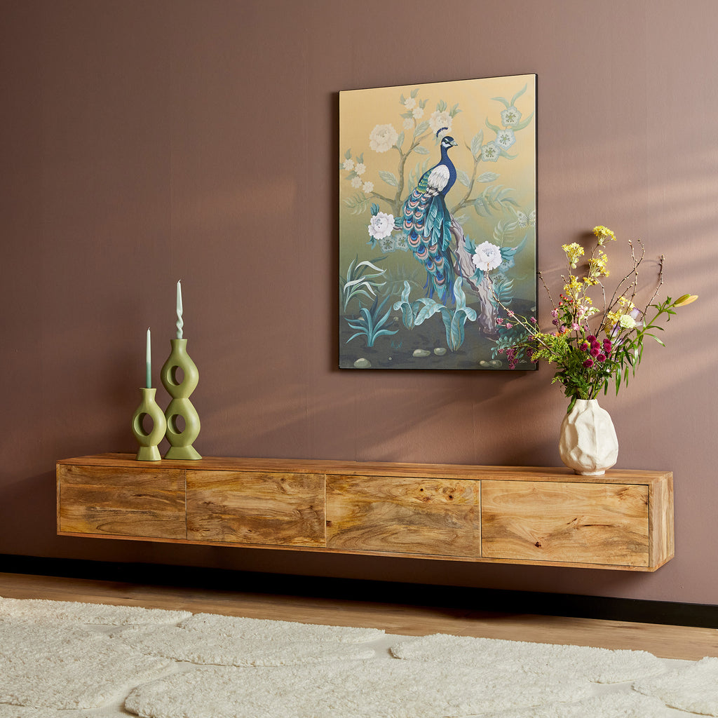 Schwebendes TV-Board Focus – Mangoholz Lowboard 240×30×35 cm mit grifflosen Türen & Push-to-Open-System, Wandmontage