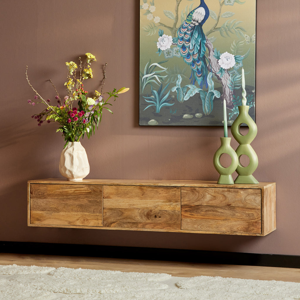 Schwebendes TV-Board Focus – Lowboard aus Mangoholz 160×30×35 cm mit grifflosen Türen & Push-to-Open-System