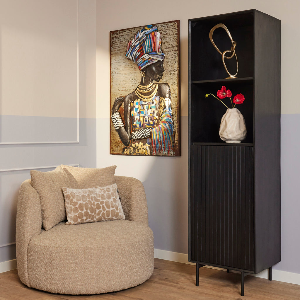 Bücherregal Mandy Schwarz – Mangoholz mit Metallrahmen, 1 Tür & 2 offene Fächer, Lamellen-Design, 55 x 45 x 200 cm