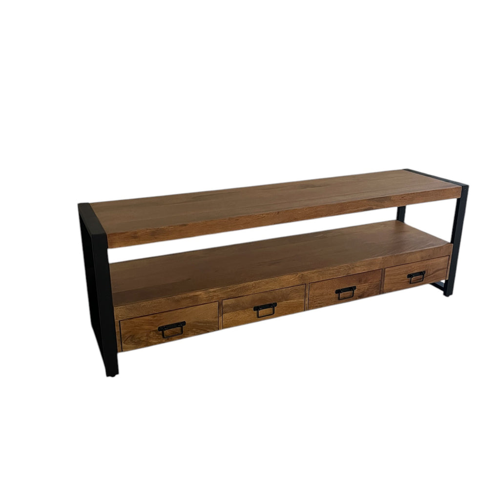 TV-Board Bori Warm 180x45x60 cm – modernes Mangoholz TV-Möbel mit Schubladen, offenem Fach & schwarzem Metallrahmen