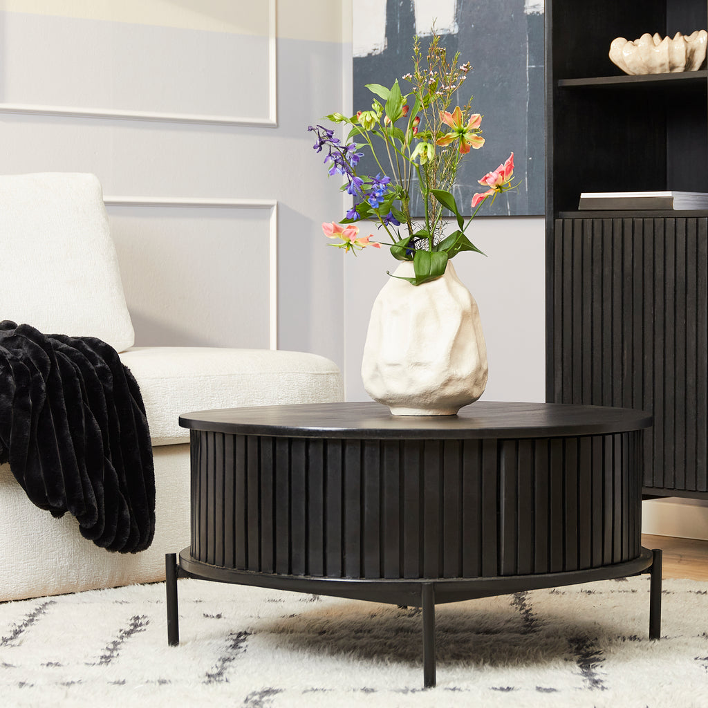 Couchtisch Mandy Rund 80x80x40 cm, Schwarz  – Mangoholz Tisch mit 2 Schubladen & Metallgestell