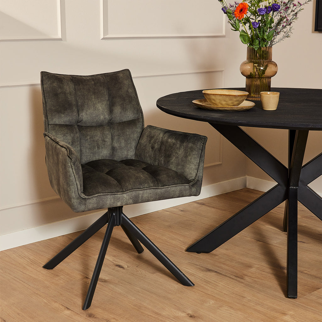 Esszimmerstuhl Daira Velvet Grün – Drehstuhl 65×56×85 cm mit Armlehnen, Memory-Rückkehr & schwarzem Metallbein