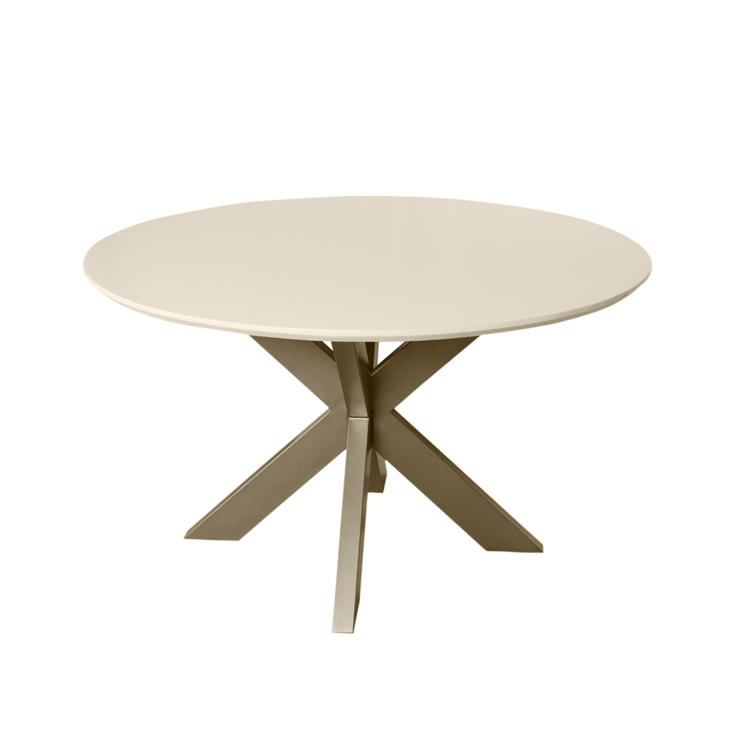 Esstisch Mandy Sand – Mangoholz massiv, bronzefarbenes Bein, Ø110 cm