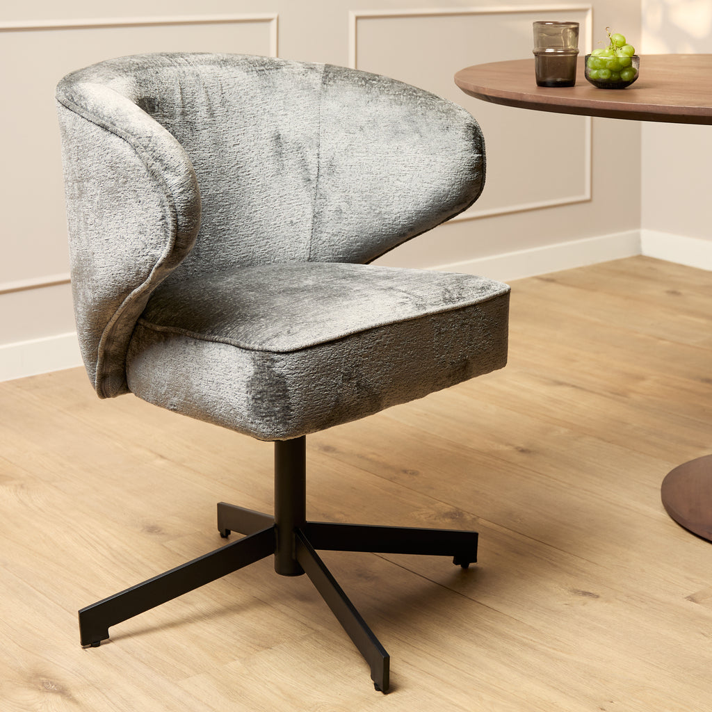 Esszimmerstuhl Persie – drehbarer Stuhl mit Armlehnen, Loris-Stoff & Metallgestell, 68×62×83 cm, moderne Polsterung in Grau