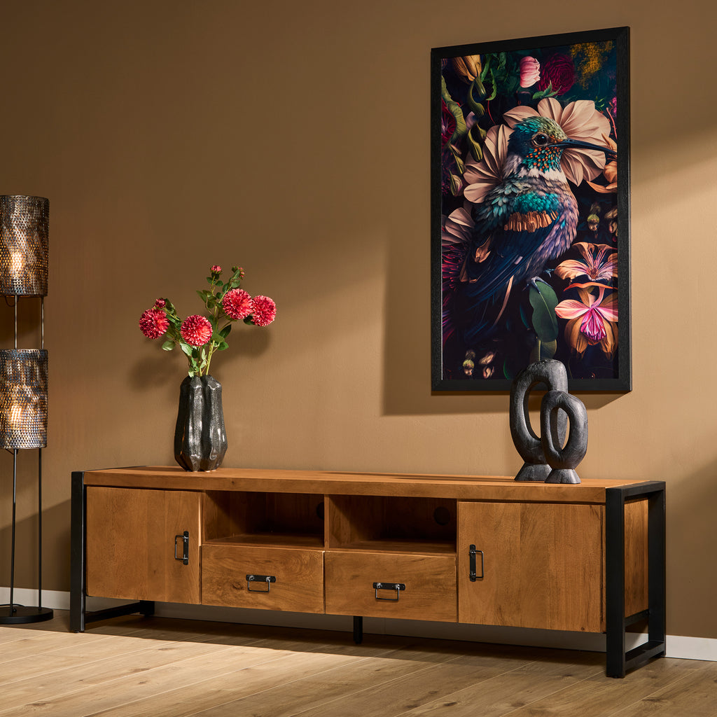 TV-Board Bori – Mangoholz Lowboard mit 2 Türen, Fach & 2 Schubladen, 200×45×55 cm