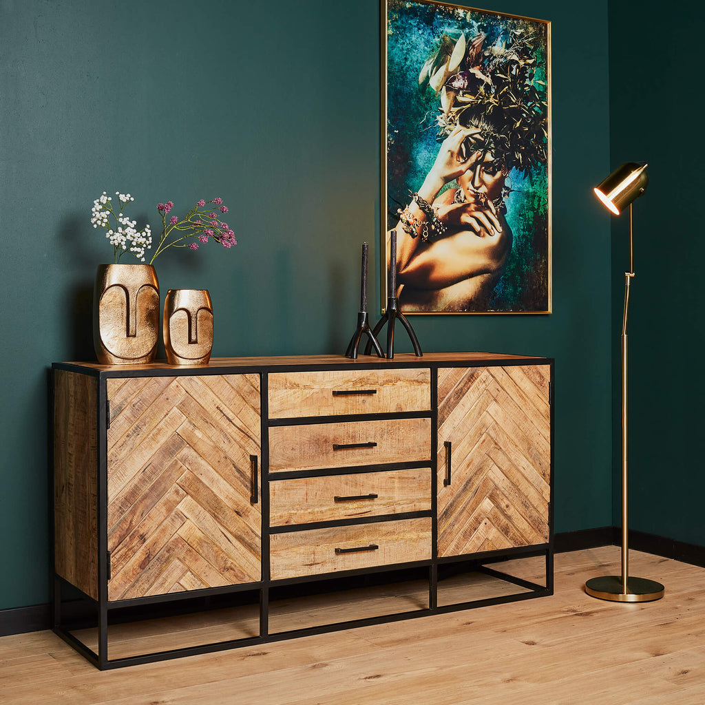 Sideboard Bori Natur– Mangoholz mit Metallgestell & 2 Türen, 3 Schubladen, 160 x 40 x 80 cm, modernes Stauraum-Design
