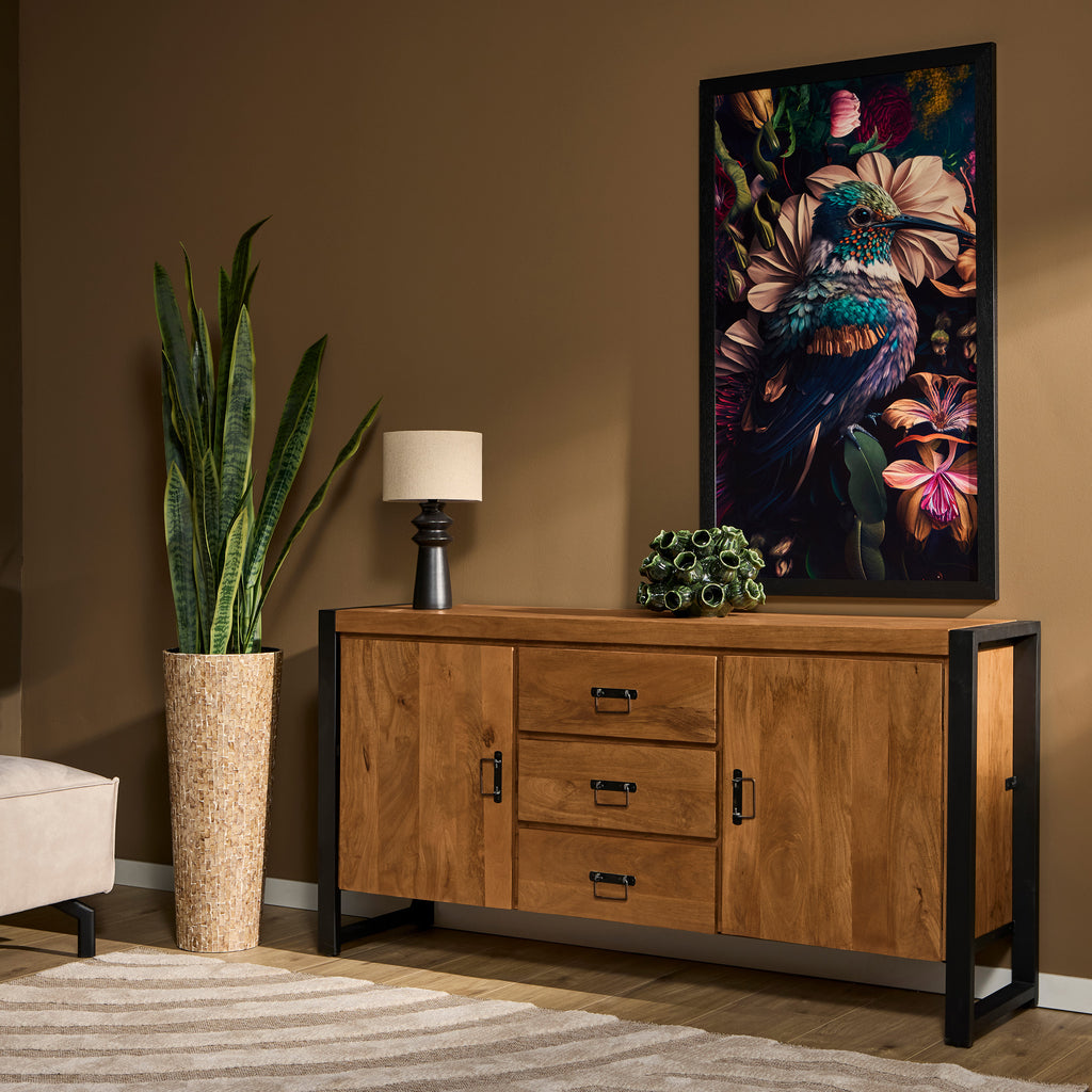 Sideboard Bori Natur – Mangoholz Kommode mit Metallrahmen & Lamellen-Optik, 160×80×40 cm, 2 Türen, 3 Schubladen & Regalfächer