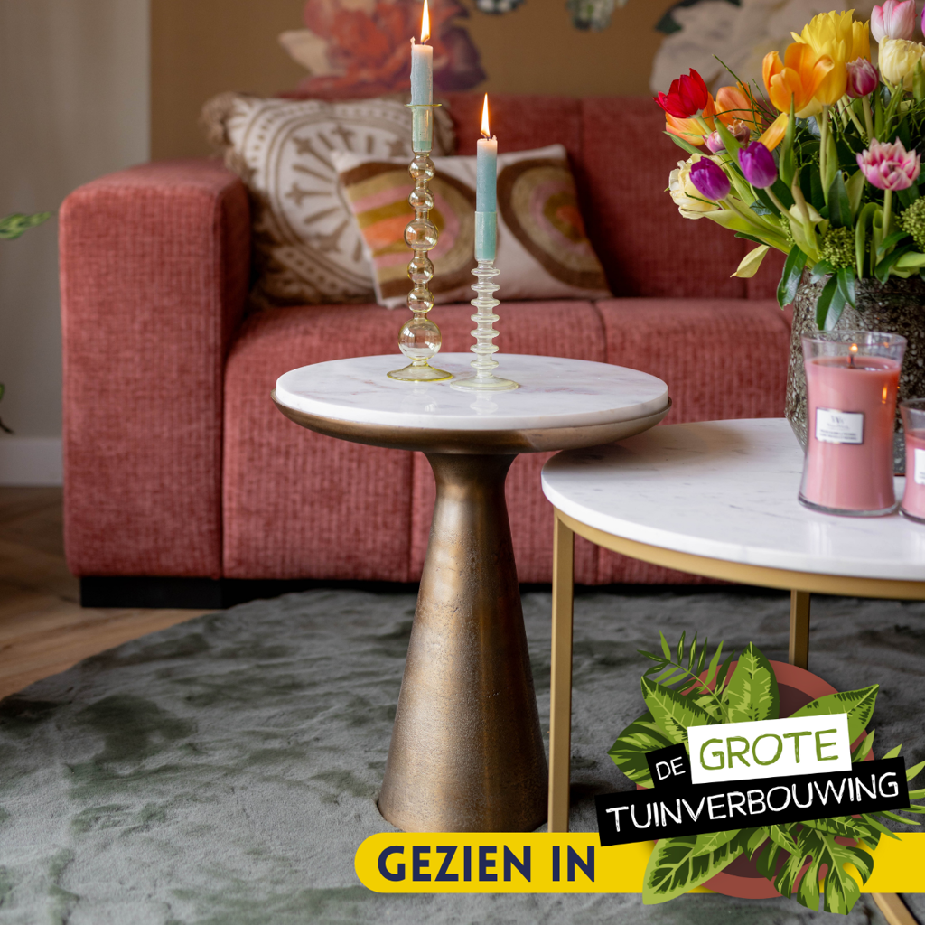 Beistelltisch Elyo – runder Couchtisch mit weißer Marmorplatte & goldfarbenem Metallfuß, 45×45×50 cm