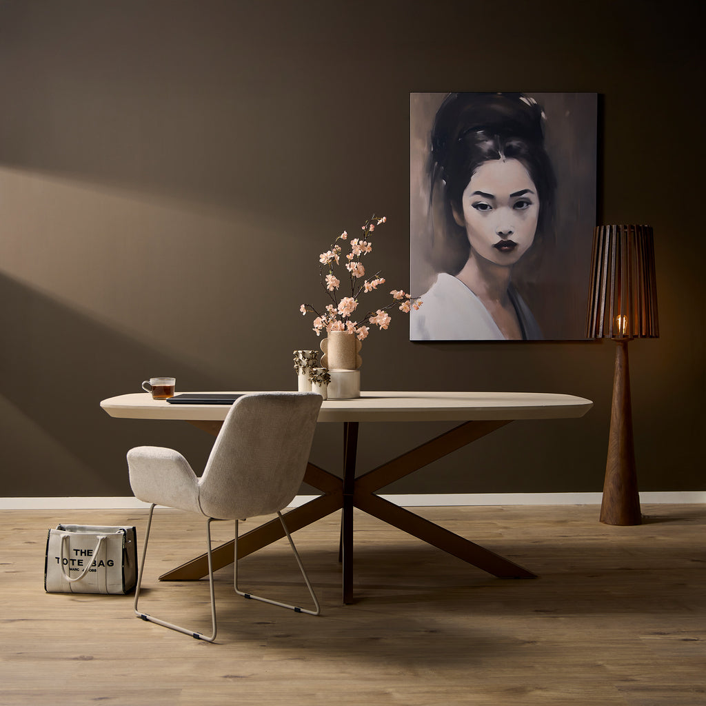 Esstisch Mandy Sand 200x100x76 cm – moderner Mangoholztisch mit Sandoptik & bronzefarbenem Tischfuß