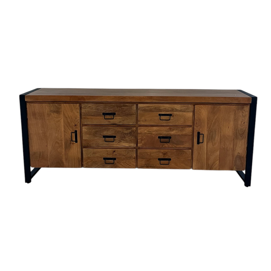 Sideboard Bori – modernes Mangoholz in warmem Finish mit schwarzem Metallgestell, 2 Türen & 6 Schubladen, 200 x 40 x 80 cm