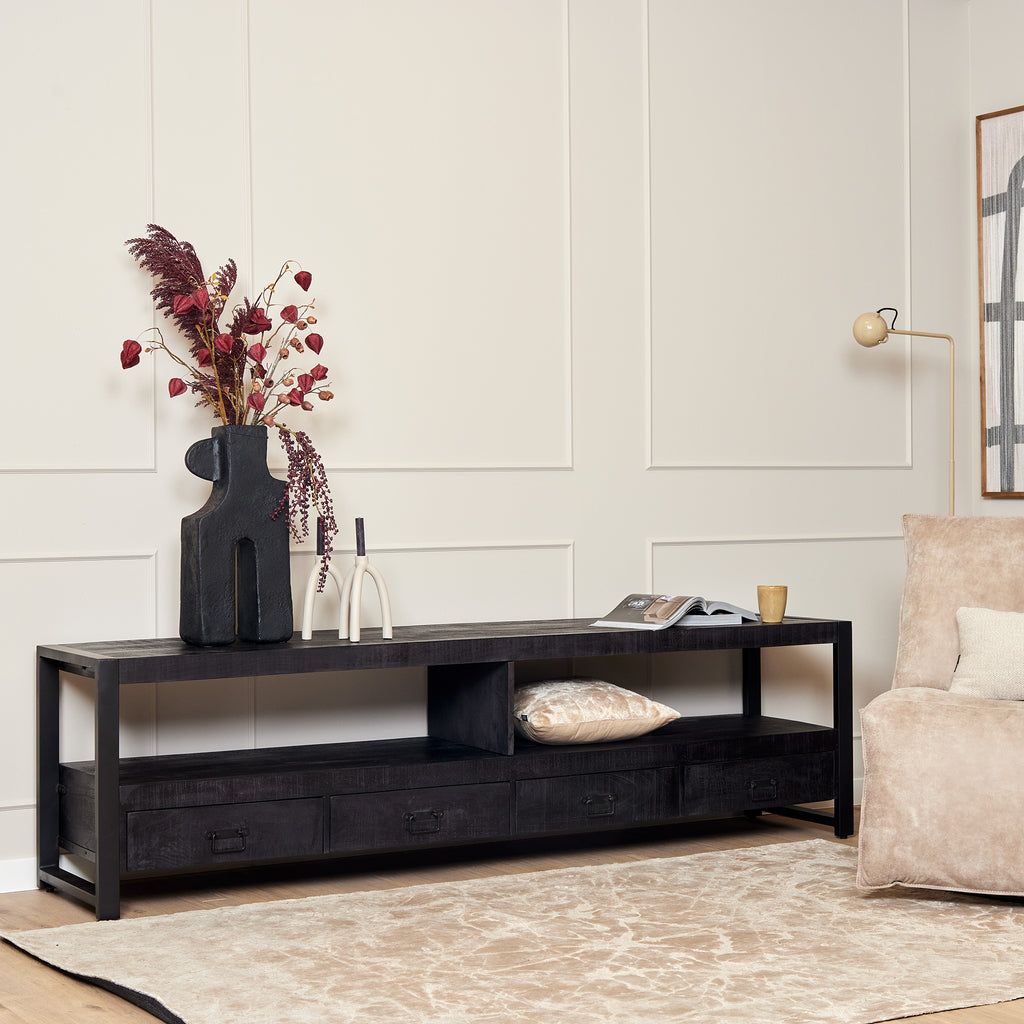 TV-Board Bori Schwarz – TV-Schrank aus Mangoholz 220×60×45 cm mit 4 Schubladen, 2 offenen Fächern & Metallgestell im modernen Design