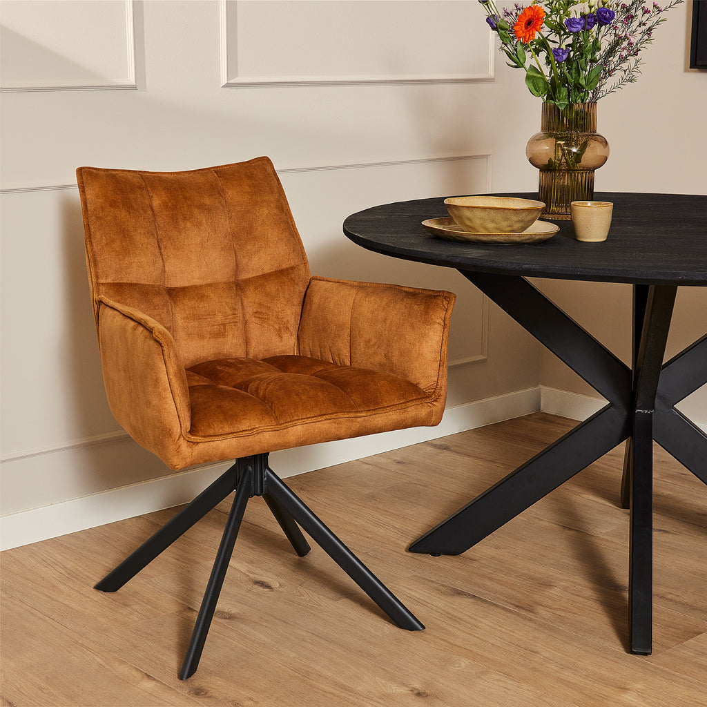 Esszimmerstuhl Daira Velvet Gold – Drehstuhl 65×56×85 cm mit Armlehnen, Memory-Rückkehr & schwarzem Metallbein