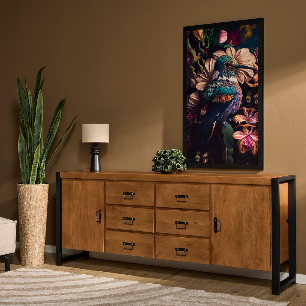 Sideboard Bori Natur– Mangoholz Kommode mit Metallgestell 200×80×40 cm, 2 Türen, 6 Schubladen & Regale. Modernes Möbelstück