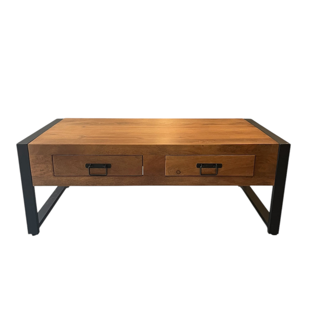 Couchtisch Bori – Mangoholz Tisch 120×45×60 cm mit 2 Schubladen & schwarzem Metallgestell, warmes Finish