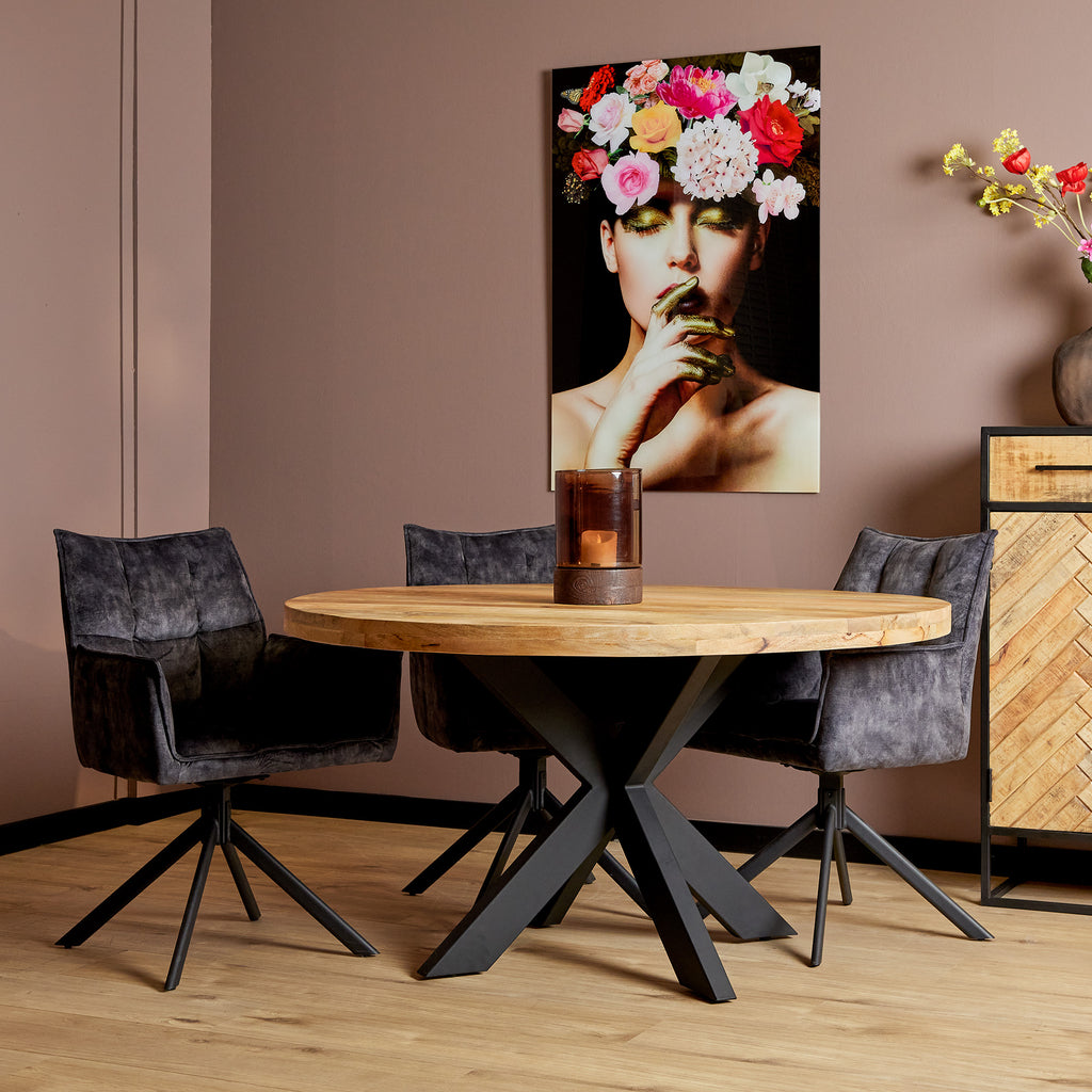 Esstisch Delta rund Ø140 cm – Massivholz Mangotisch mit 6 cm Platte & schwarzem Matrixgestell, 76 cm Höhe