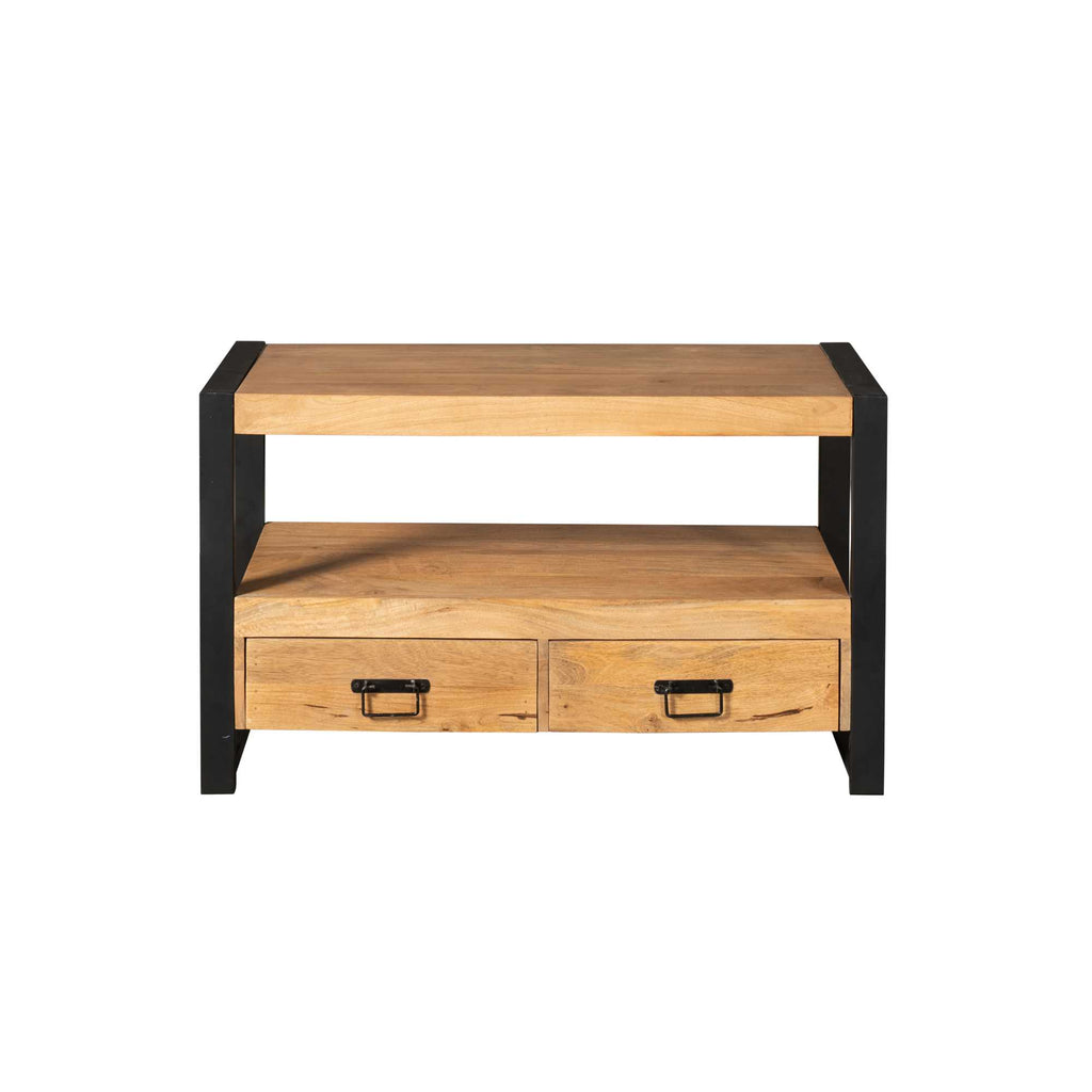 TV-Board Bori Natur – Lowboard aus Mangoholz mit schwarzen Lackstreifen, 2 Schubladen & offenem Fach, 120 x 45 x 60 cm