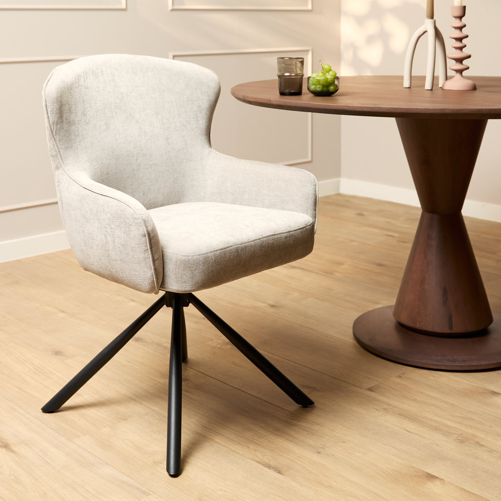 Esszimmerstuhl Hanna in Beige – Drehstuhl 62×65×89 cm mit Memory-Rückkehrfunktion, Boston-Stoff & schwarzen Metallbeinen