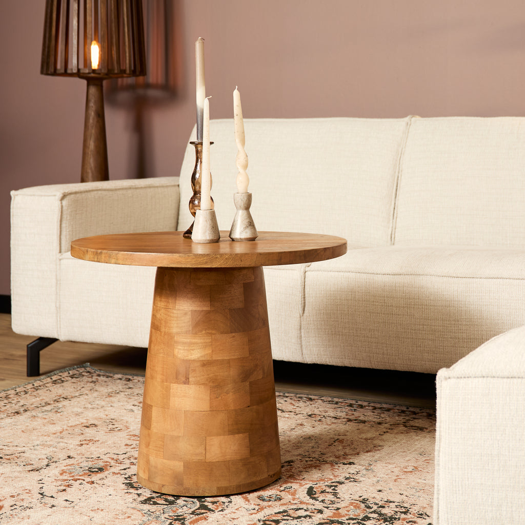 Beistelltisch Limo – runder Tisch aus Mangoholz mit einzigartigem Design, 60 x 60 x 50 cm