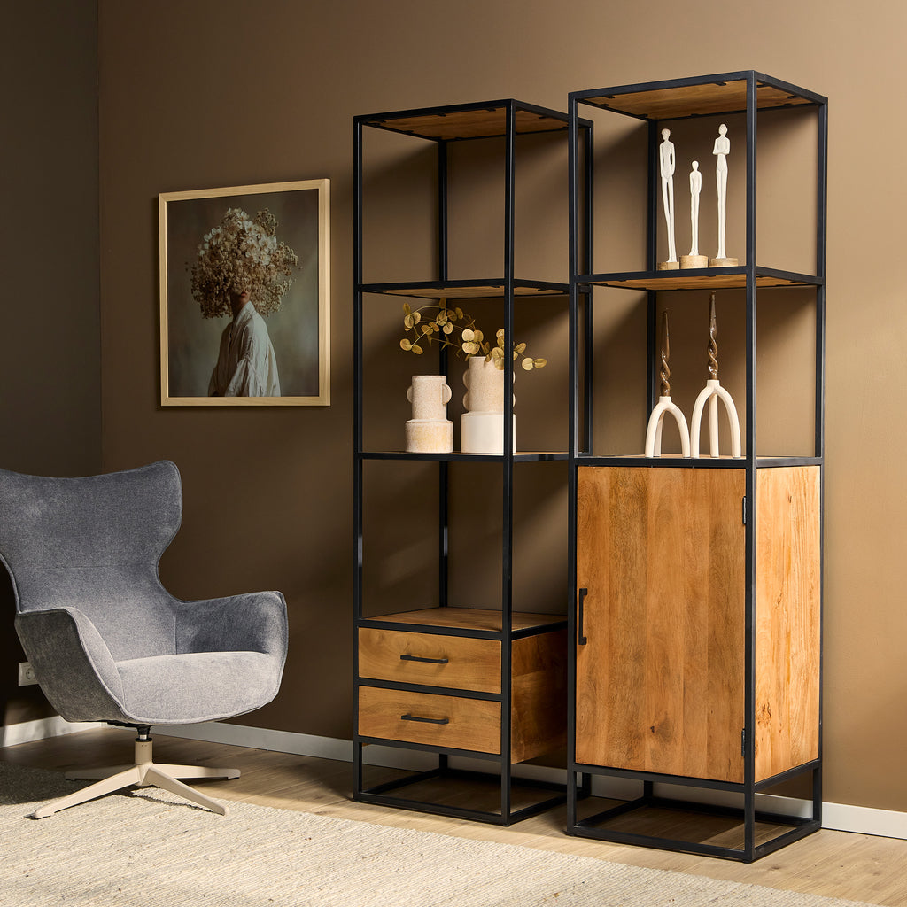 Bücherregal Delta – Regal aus Mangoholz mit Metallrahmen in Schwarz, 1 Tür & Ablage, 55 x 45 x 200 cm