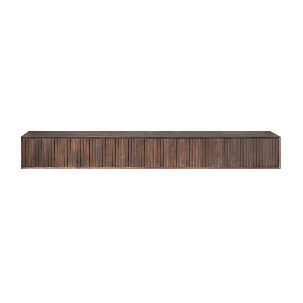 TV Board Mandy Braun 240x35x30 cm – schwebendes Lowboard aus Mangoholz mit Lamellenfront & Push-to-Open