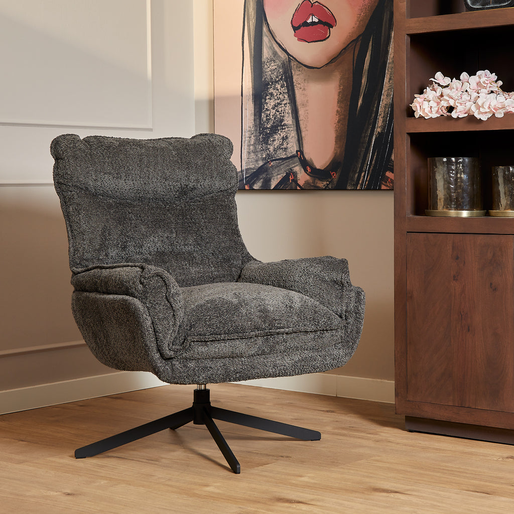 Sessel Vera mit Drehfunktion – 82x95x96,5 cm – komfortabel, modern & pflegeleicht – Polyesterbezug dunkelgrau & Metallgestell