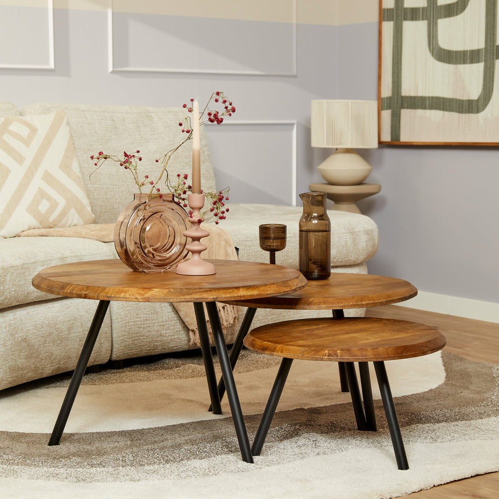 Couchtisch-Set Hawaii – 3 Tische aus Mangoholz & Metall, Ø70/Ø60/Ø50 cm, rundes Tisch-Set im modernen Design