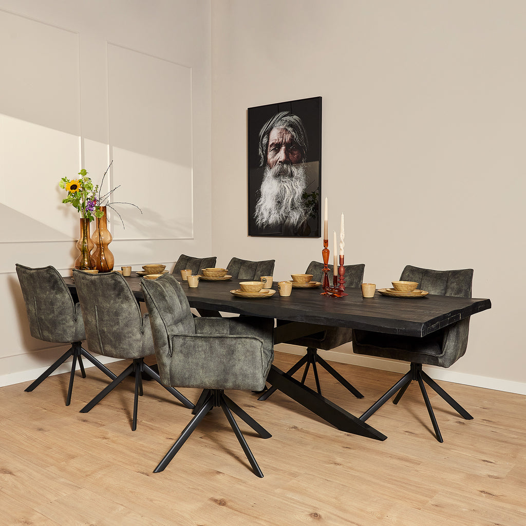 Esstisch Baltimore Schwarz 300x100x76 cm – moderner Baumstammtisch aus Mangoholz & Metall mit 6 cm dicker Tischplatte
