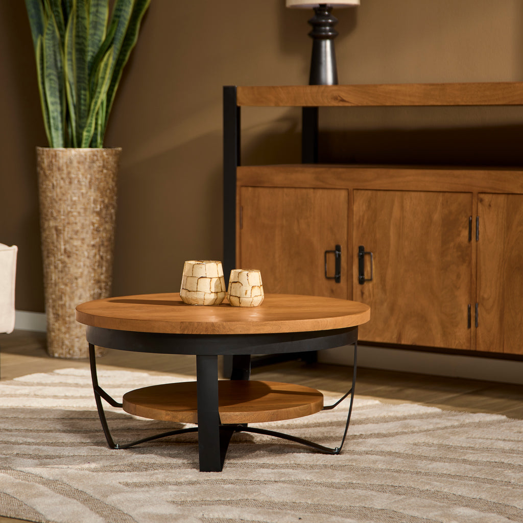 Runder Couchtisch Paris – Mangoholz & schwarzes Metallgestell, Ø70 x 35 cm, modernes Design mit zwei Ebenen