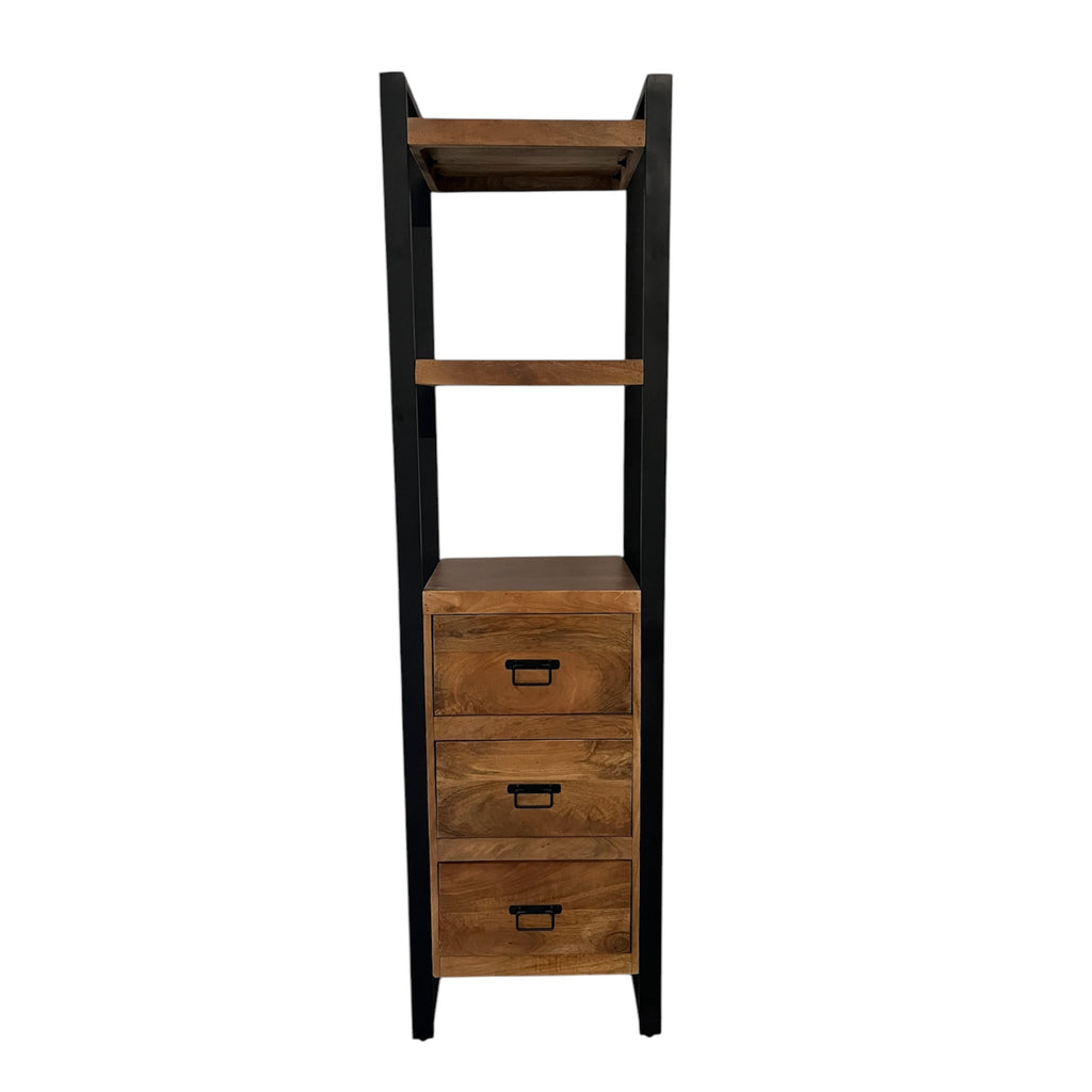 Bücherregal Bori – Mangoholz Regal mit 3 Schubladen & schwarzem Metallrahmen, warme Finish-Optik, 55×40×200 cm
