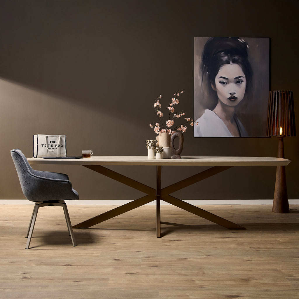 Esstisch Mandy Sand 280x100x76 cm – eleganter Mangoholz-Tisch mit Sand Finish & bronzefarbenem Gestell