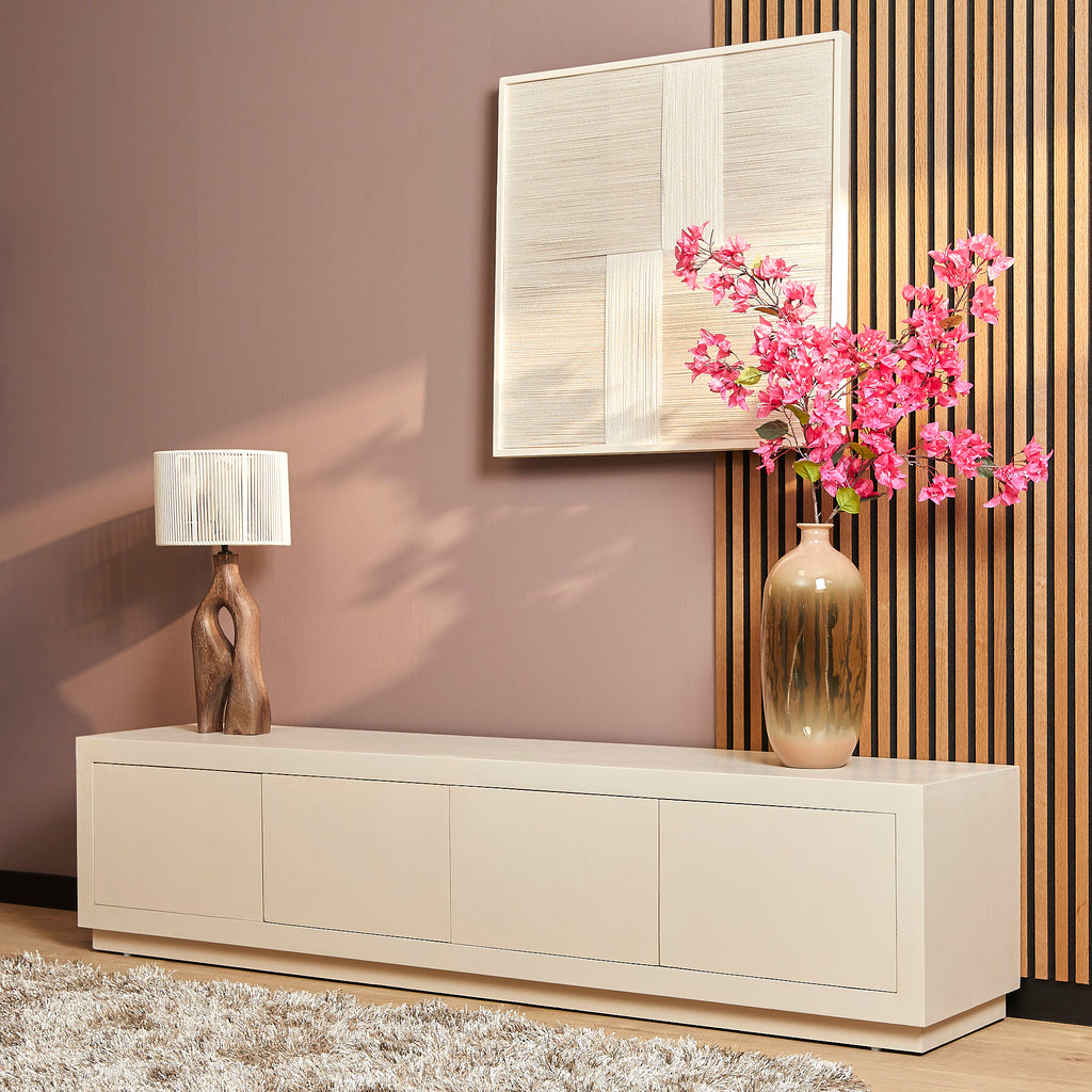 TV-Board Bali 200x42x46 cm – modernes Lowboard aus Mangoholz in Sandfarben mit 4 Türen & Push-to-Open-System