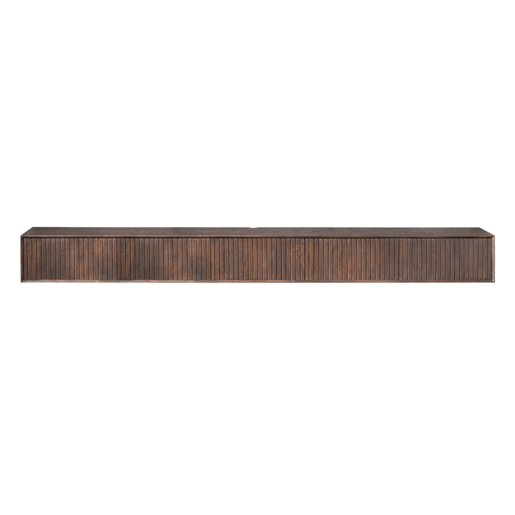 TV Board Mandy Brown 280x35x30 cm – Schwebendes Lowboard aus Mangoholz mit Lamellentüren & Push-to-Open