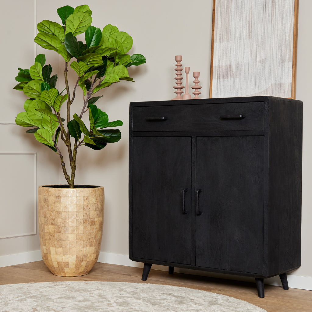 Schrank Raven Schwarz – Mangoholz Highboard mit 2 Türen & 1 Schublade, 100×45×115 cm, modernes Design mit Holzintarsien