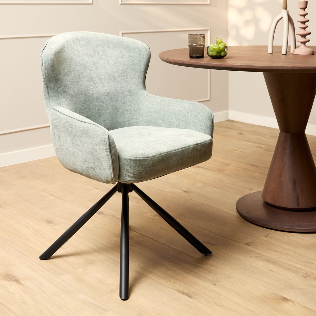 Esszimmerstuhl Hanna Water Green – Drehstuhl 62×65×89 cm mit Memory-Rückkehrfunktion & schwarzem Metallgestell