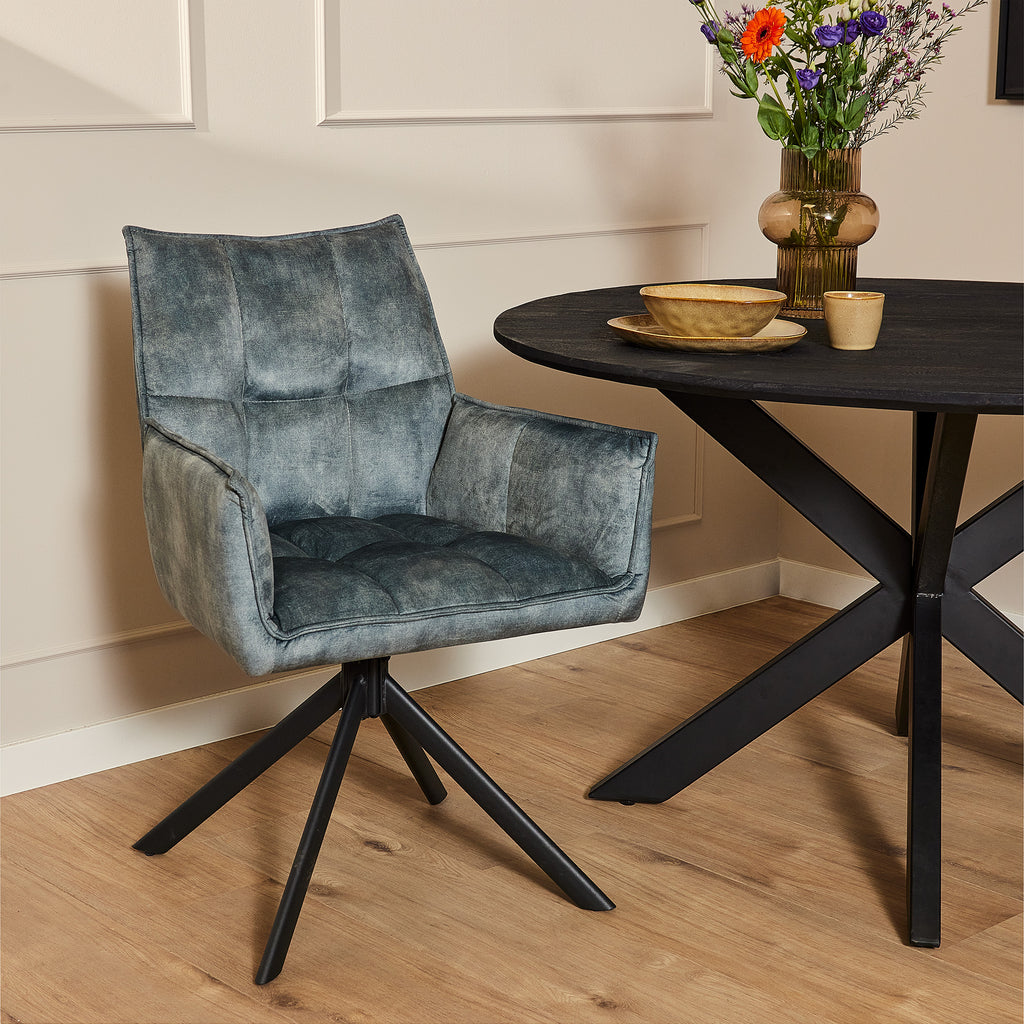 Esszimmerstuhl Daira Velvet Blau – Drehstuhl 65×56×85 cm mit Armlehnen, Memory-Rückkehr & schwarzem Metallbein