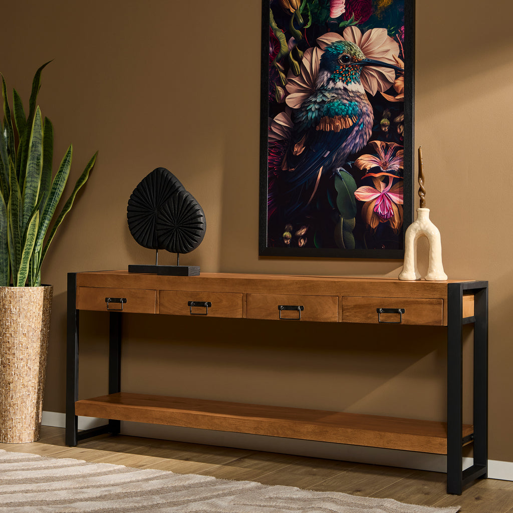 Beistelltisch Bori Schwarz – Mangoholz Tisch 180×76×35 cm mit 4 Schubladen & modernem Metallgestell