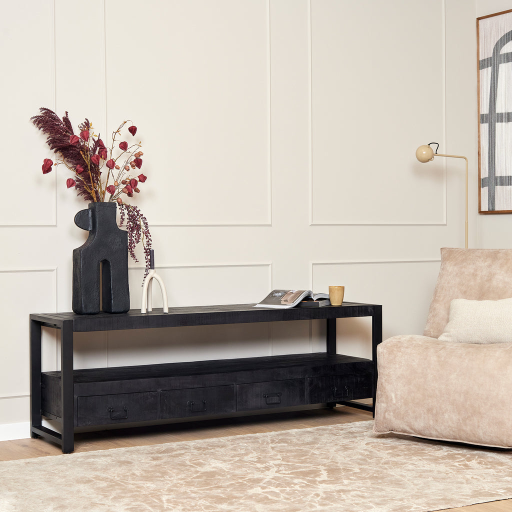 TV-Board Bori Schwarz – Mangoholz TV-Schrank 180×60×45 cm mit 4 Schubladen, offenem Fach & Metallgestell im modernen Design