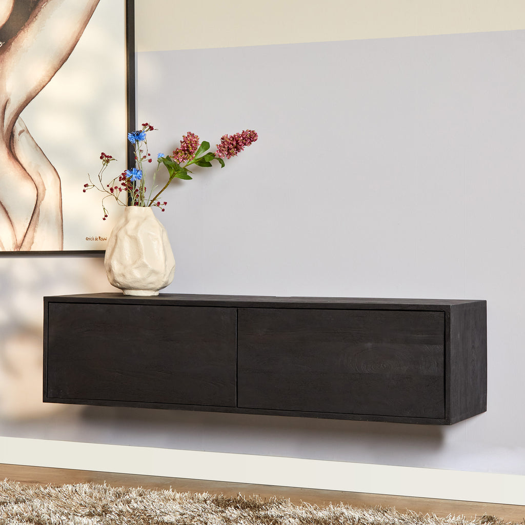 TV-Board Focus Schwarz 120x35x30 cm – modernes schwebendes Lowboard aus Mangoholz mit Push-to-Open