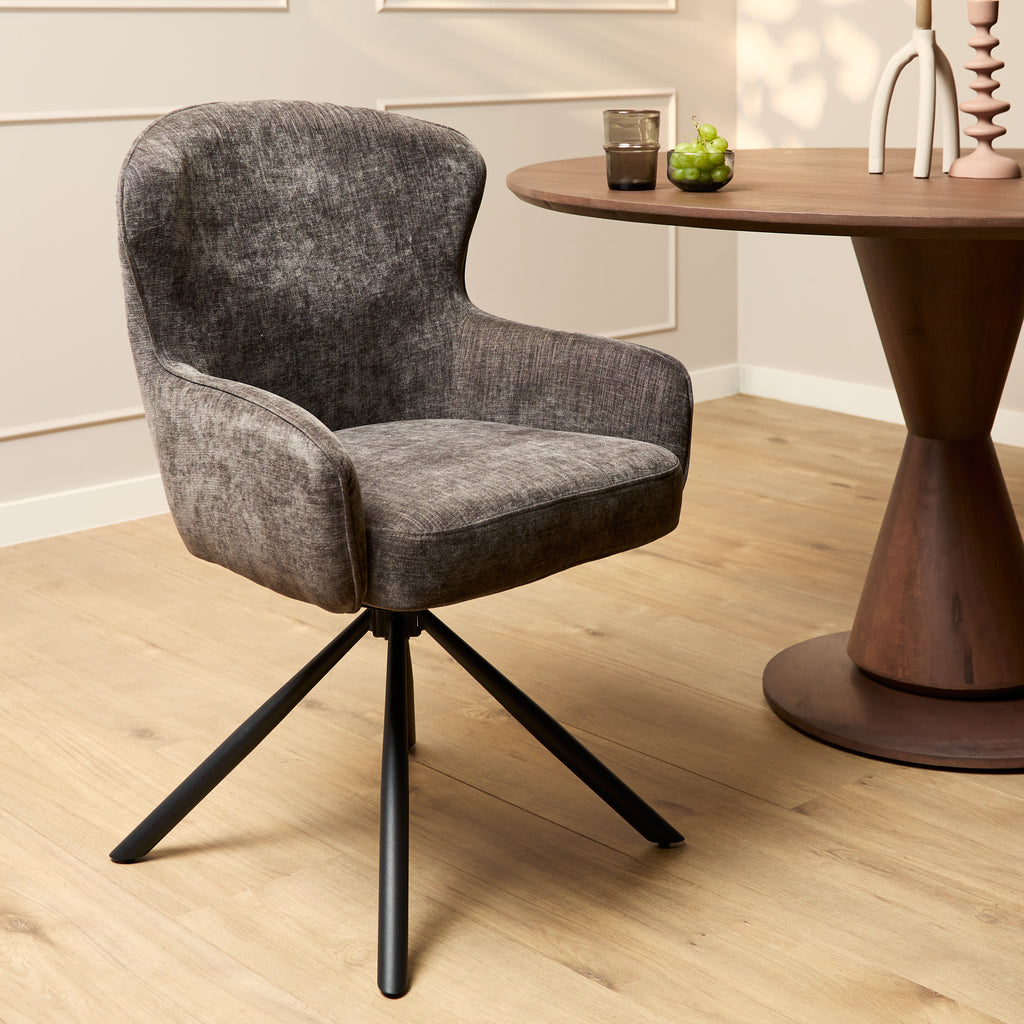 Esszimmerstuhl Hanna Charcoal Brown – Drehstuhl 62×65×89 cm mit Memory-Rückkehrfunktion & schwarzem Metallgestell