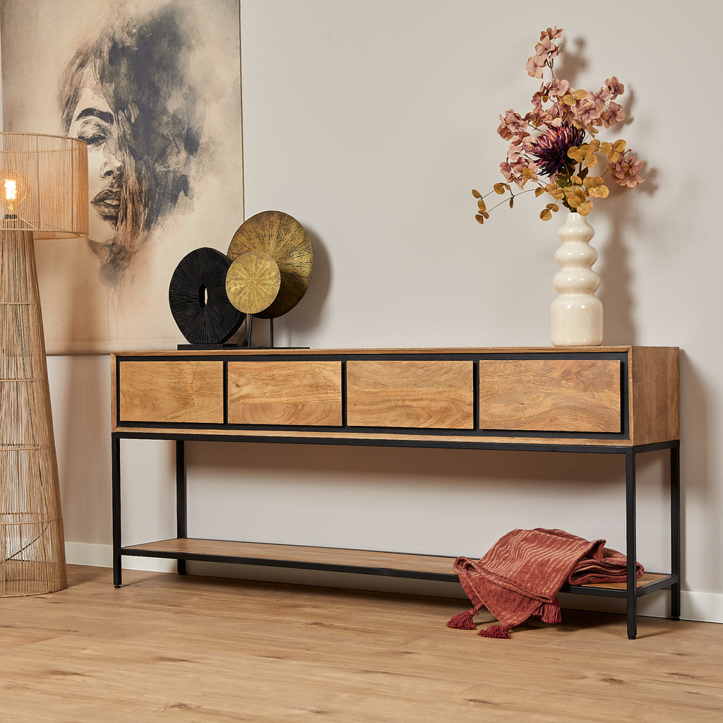 Konsolentisch Rois – Mangoholz Anrichte mit Metallgestell, 180×35×76 cm, modernes Möbel mit 4 Schubladen & Regalboden